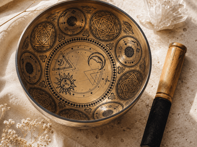 Lasergravierte Klangschale „Sonne & Mond“ aus Nepal – kraftvolle Harmonie aus Bronze