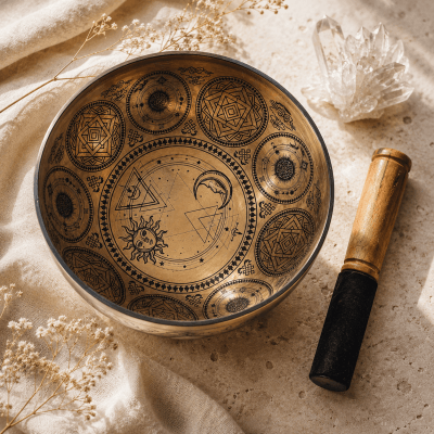 Lasergravierte Klangschale „Sonne & Mond“ aus Nepal – kraftvolle Harmonie aus Bronze